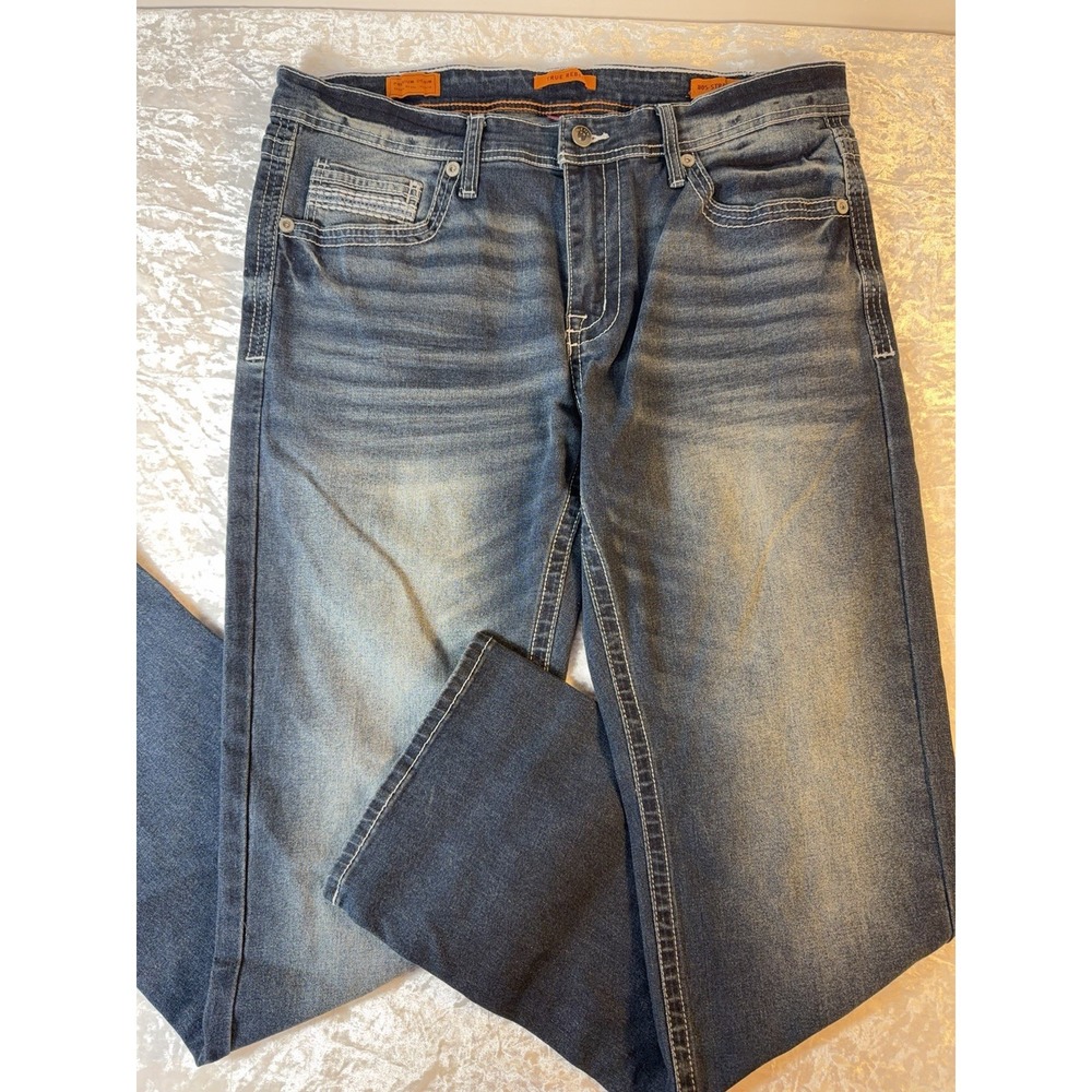 True‎ Rebel 805 Straight Fit Jeans Mens 34x31 Blue Stretch Denim Embroidered